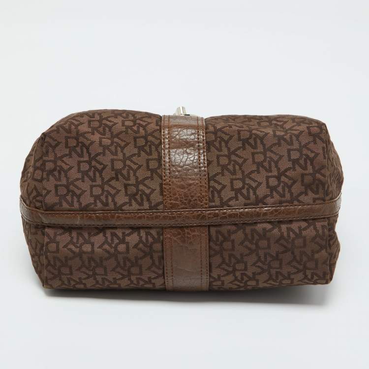 Pre Owned Dkny Brown Signature Canvas and Croc Embossed Leather Push Lock Hobo 