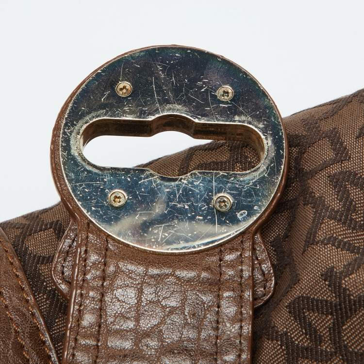 Pre Owned Dkny Brown Signature Canvas and Croc Embossed Leather Push Lock Hobo 