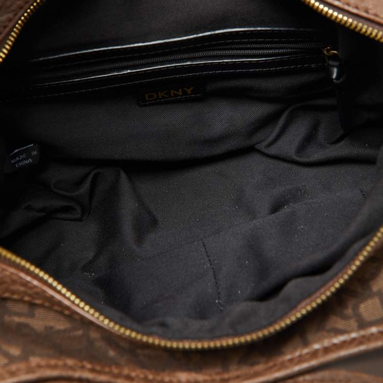 Pre Owned Dkny Brown Signature Canvas and Croc Embossed Leather Push Lock Hobo 