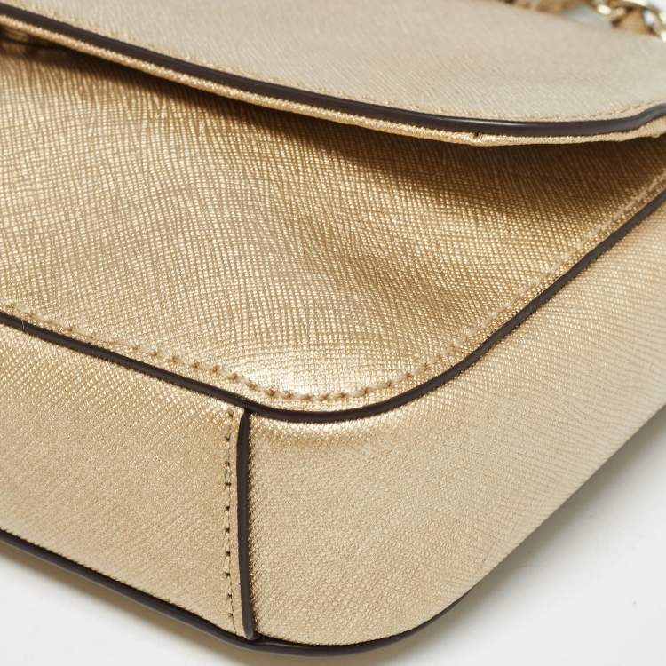 Pre Owned Dkny Gold Leather Logo Flap Crossbody Bag
