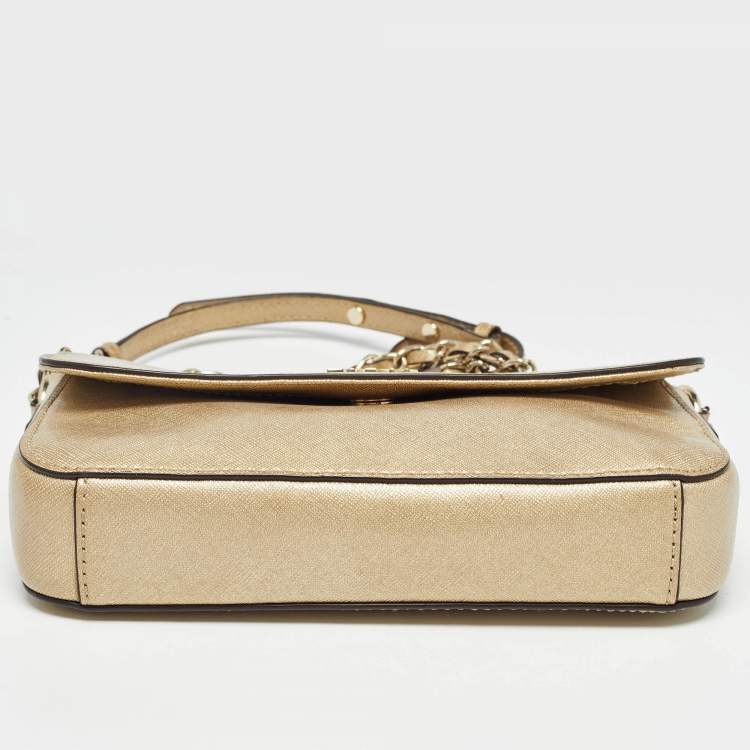Pre Owned Dkny Gold Leather Logo Flap Crossbody Bag