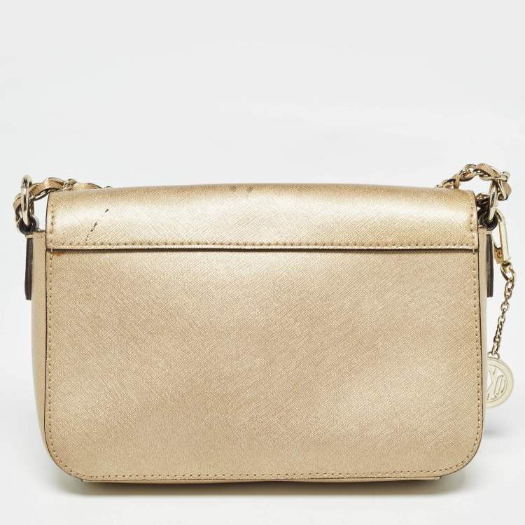 Pre Owned Dkny Gold Leather Logo Flap Crossbody Bag