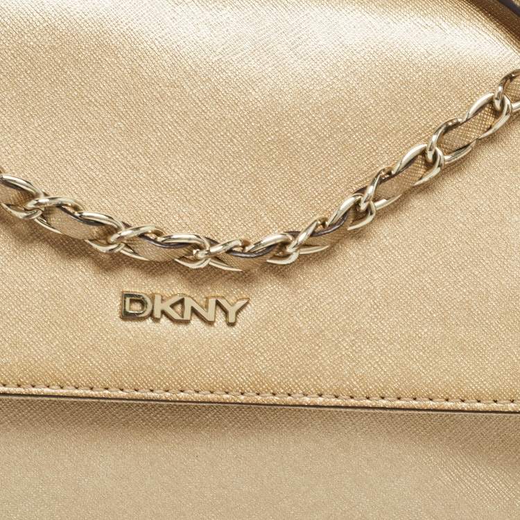 Pre Owned Dkny Gold Leather Logo Flap Crossbody Bag