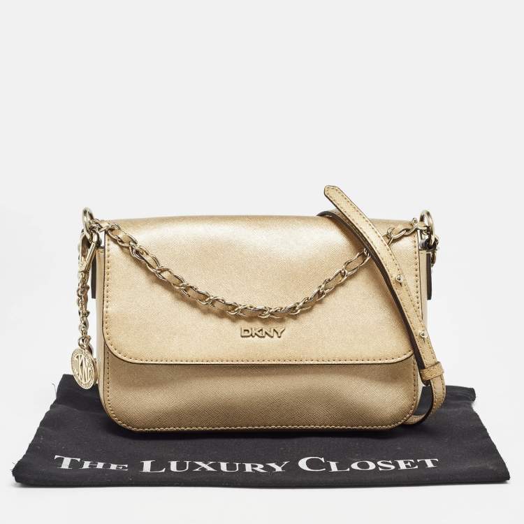 Pre Owned Dkny Gold Leather Logo Flap Crossbody Bag