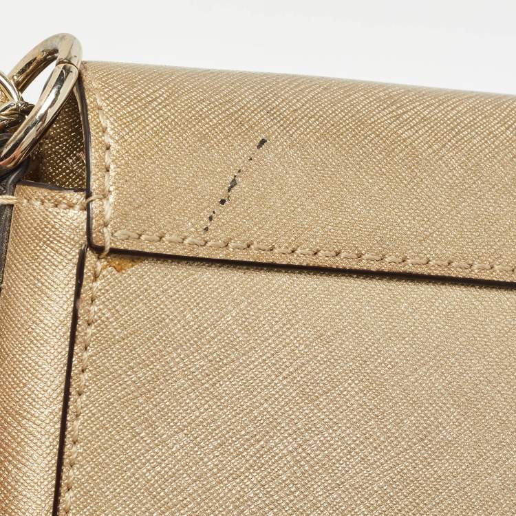 Pre Owned Dkny Gold Leather Logo Flap Crossbody Bag
