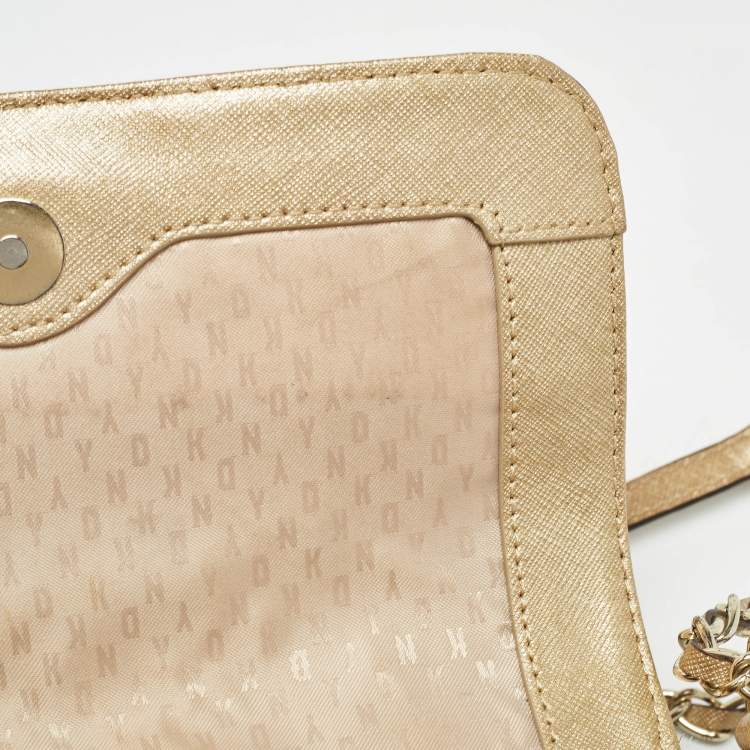 Pre Owned Dkny Gold Leather Logo Flap Crossbody Bag