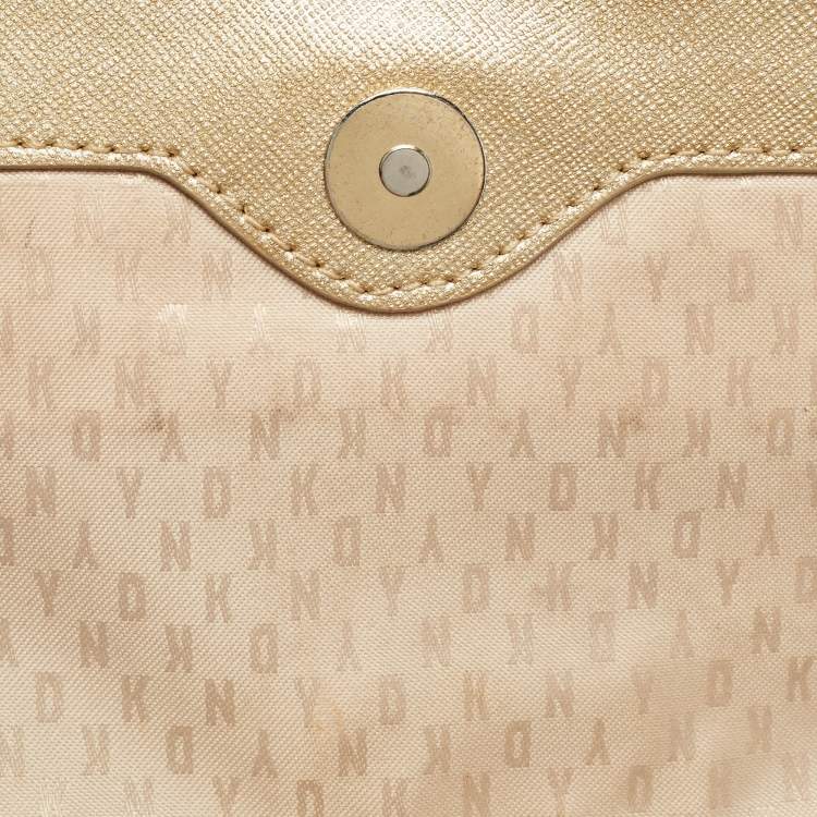 Pre Owned Dkny Gold Leather Logo Flap Crossbody Bag