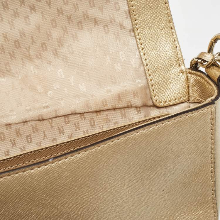 Pre Owned Dkny Gold Leather Logo Flap Crossbody Bag