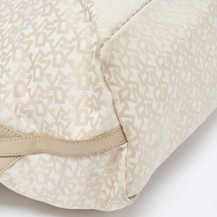 Pre Owned Dkny Cream/Beige Monogram Canvas and Leather Zip Tote