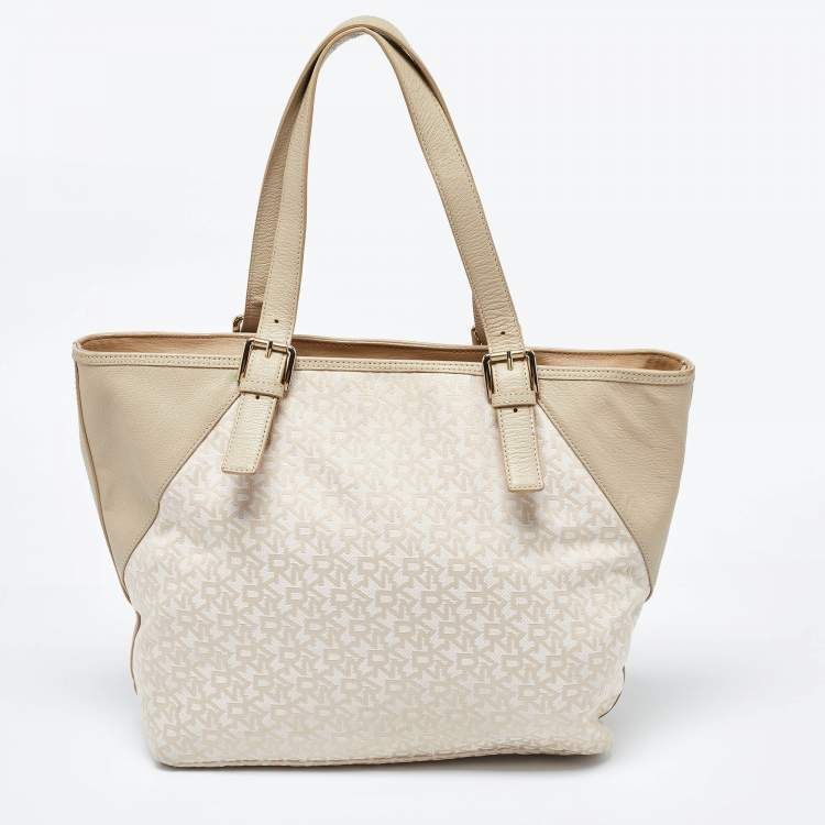 Pre Owned Dkny Cream/Beige Monogram Canvas and Leather Zip Tote