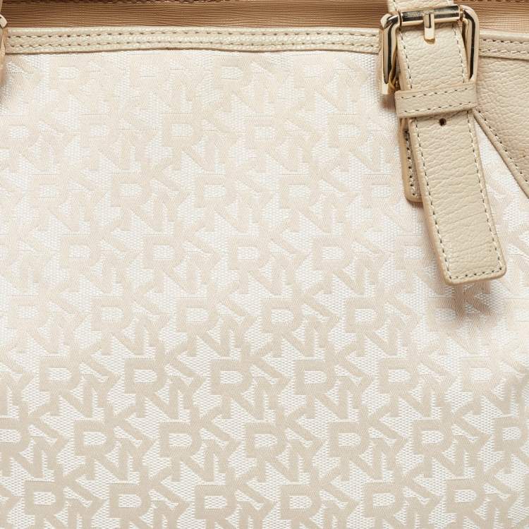 Pre Owned Dkny Cream/Beige Monogram Canvas and Leather Zip Tote