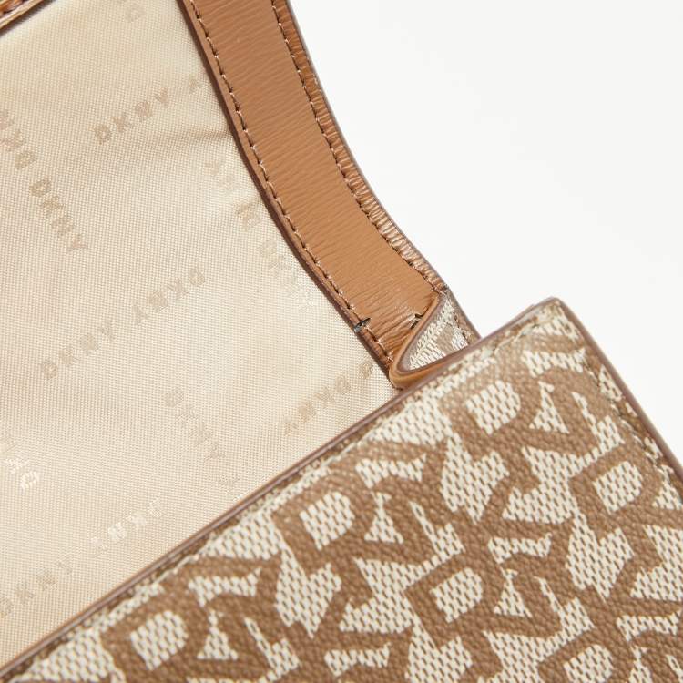 Pre Owned DKNY Brown/Beige Monogram Coated Canvas and Leather Flap Top Handle Bag