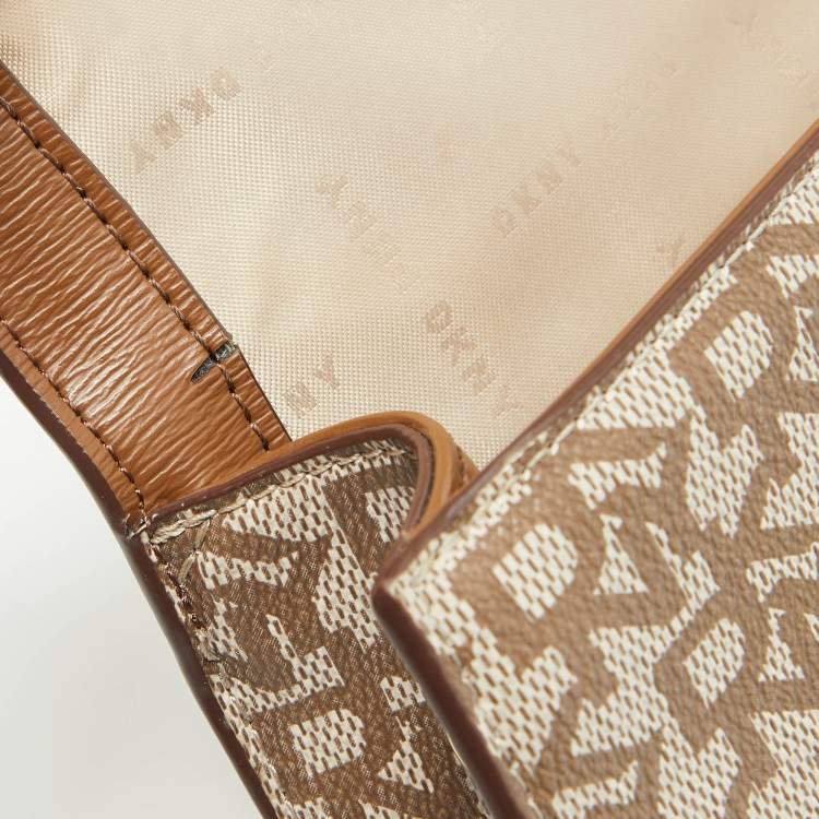 Pre Owned DKNY Brown/Beige Monogram Coated Canvas and Leather Flap Top Handle Bag