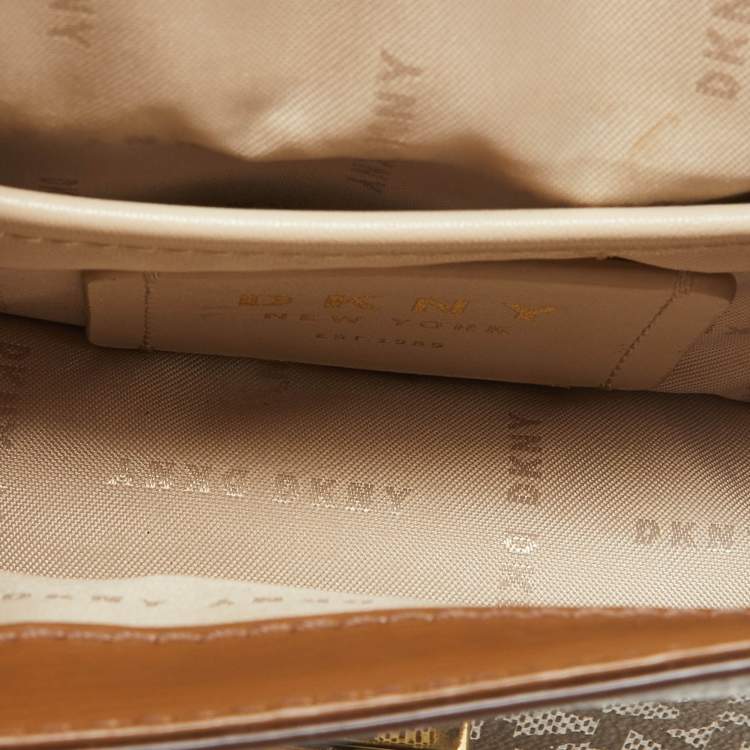 Pre Owned DKNY Brown/Beige Monogram Coated Canvas and Leather Flap Top Handle Bag