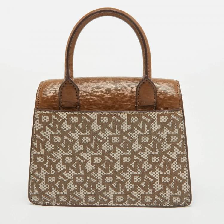 Pre Owned DKNY Brown/Beige Monogram Coated Canvas and Leather Flap Top Handle Bag