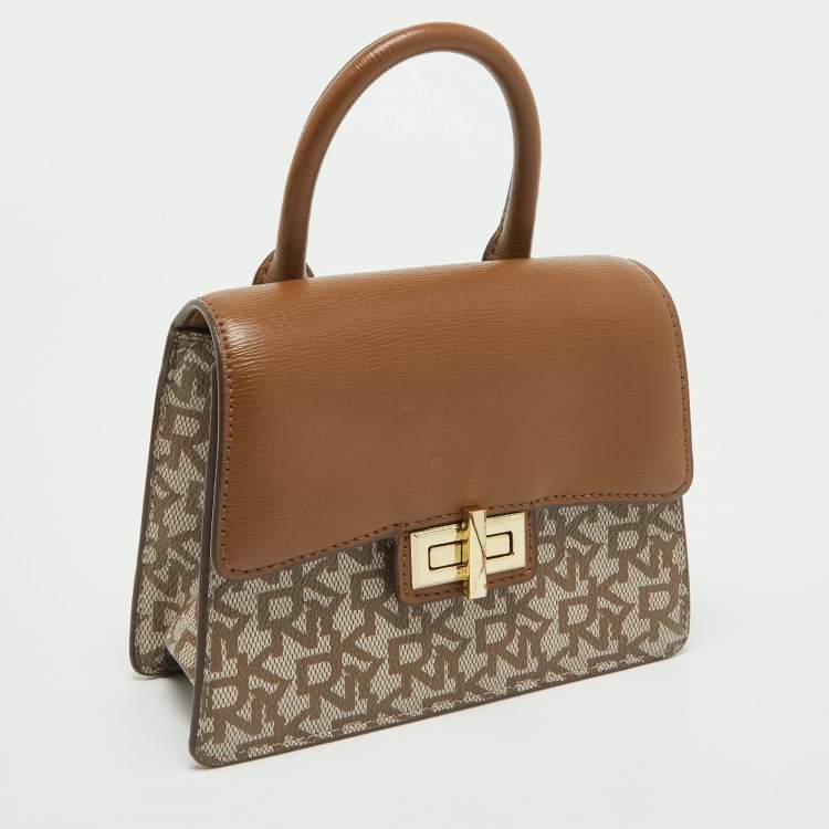 Pre Owned DKNY Brown/Beige Monogram Coated Canvas and Leather Flap Top Handle Bag