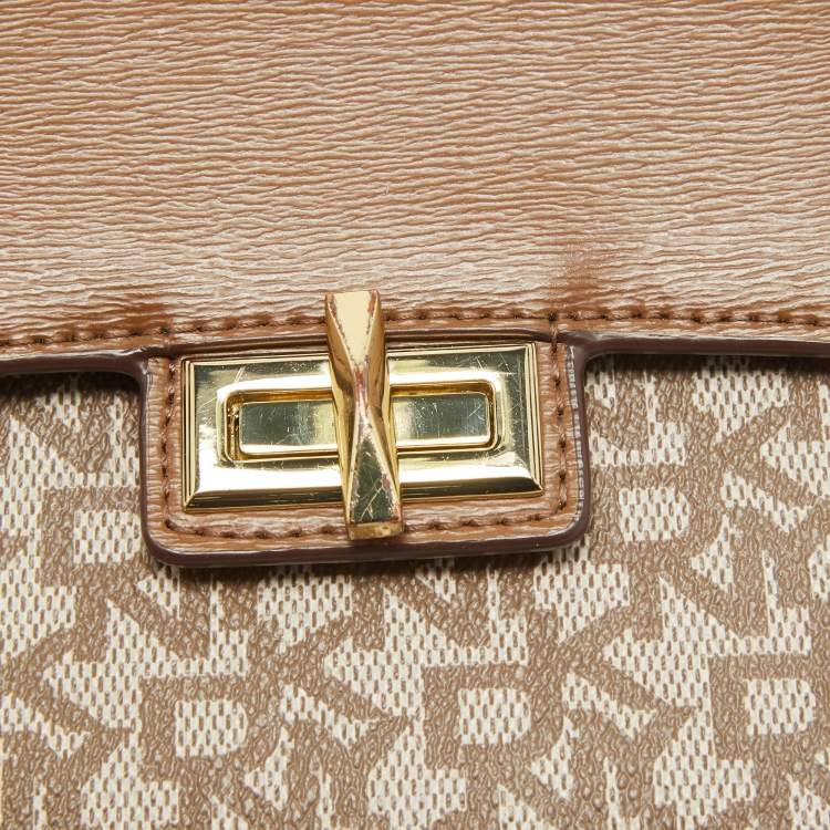 Pre Owned DKNY Brown/Beige Monogram Coated Canvas and Leather Flap Top Handle Bag