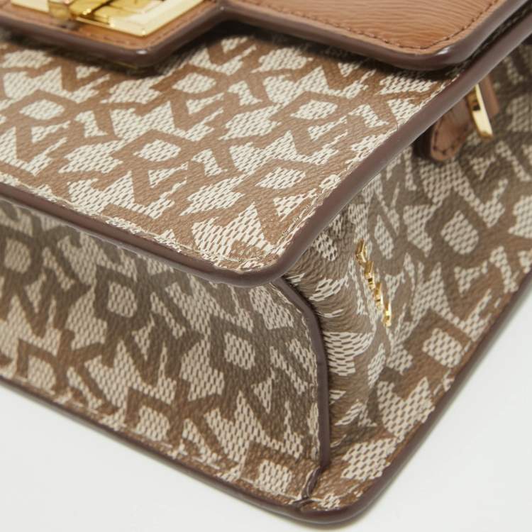Pre Owned DKNY Brown/Beige Monogram Coated Canvas and Leather Flap Top Handle Bag