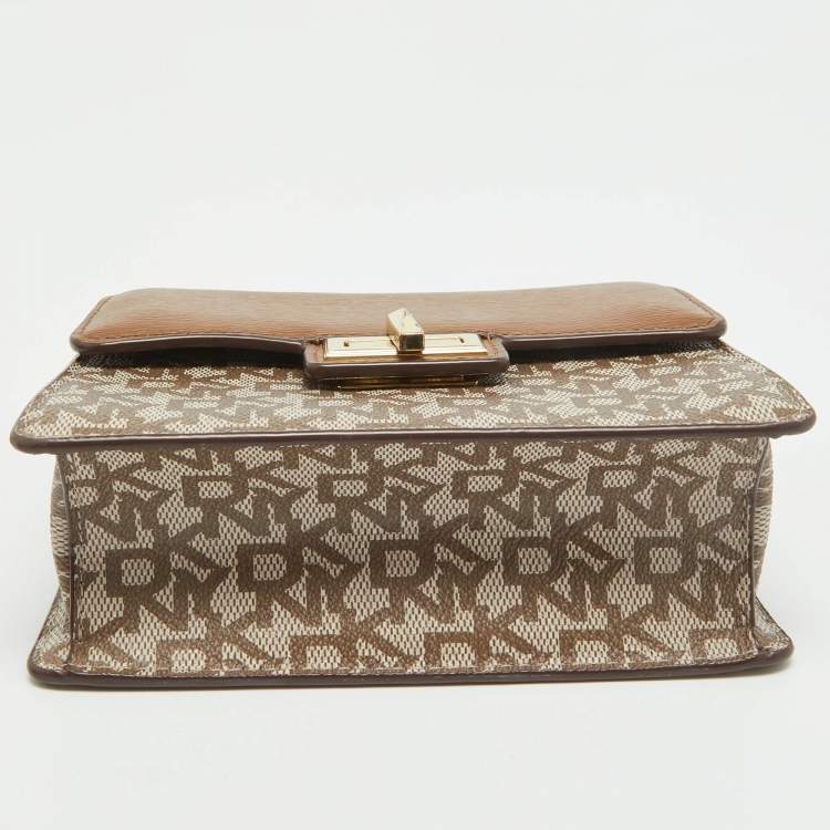 Pre Owned DKNY Brown/Beige Monogram Coated Canvas and Leather Flap Top Handle Bag