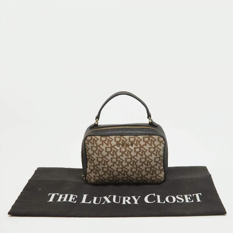 Pre Owned Dkny Black/Beige Monogram Coated Canvas and Leather Zip Top Handle Bag