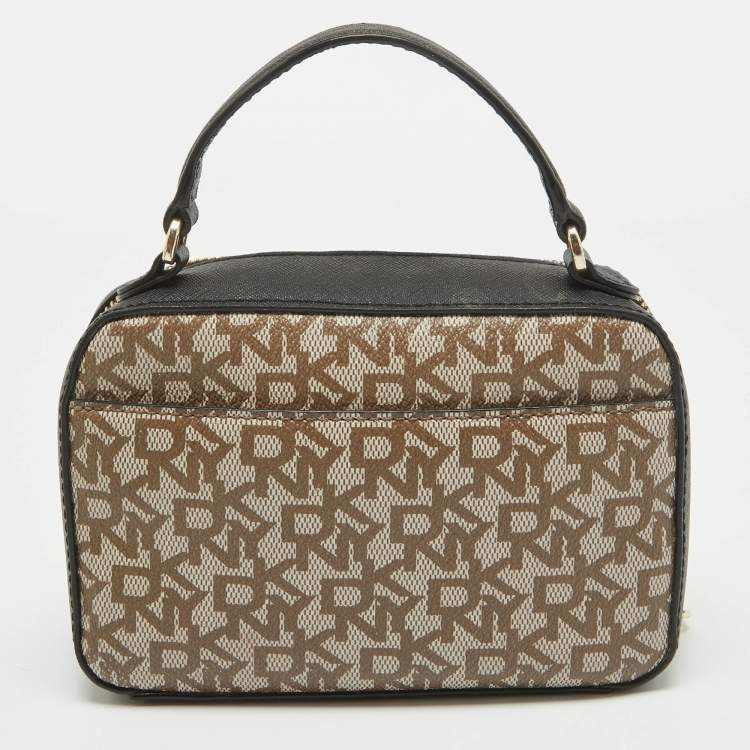 Pre Owned Dkny Black/Beige Monogram Coated Canvas and Leather Zip Top Handle Bag