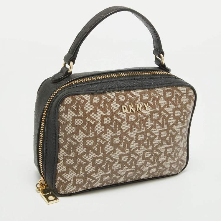 Pre Owned Dkny Black/Beige Monogram Coated Canvas and Leather Zip Top Handle Bag