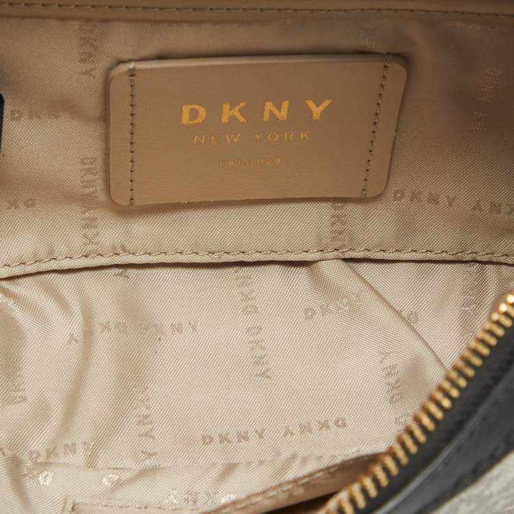 Pre Owned Dkny Black/Beige Monogram Coated Canvas and Leather Zip Top Handle Bag
