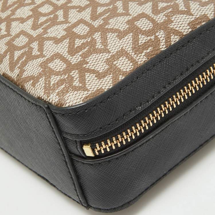 Pre Owned Dkny Black/Beige Monogram Coated Canvas and Leather Zip Top Handle Bag