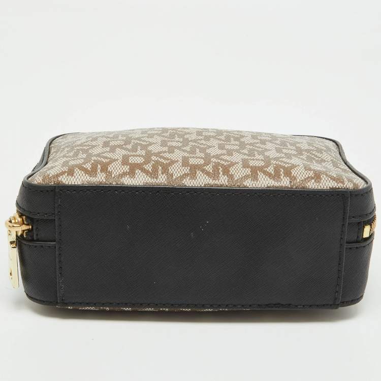 Pre Owned Dkny Black/Beige Monogram Coated Canvas and Leather Zip Top Handle Bag