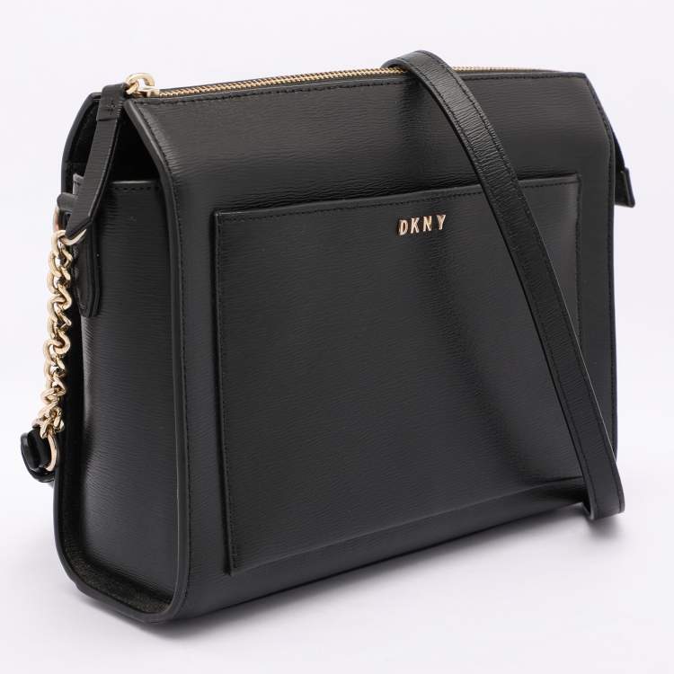 Pre Owned DKNY Black Leather Top Zip Crossbody Bag