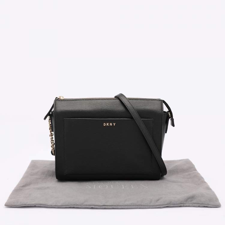 Pre Owned DKNY Black Leather Top Zip Crossbody Bag