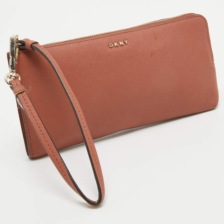 Pre Owned DKNY Old Rose Leather Zippy Wristlet Clutch