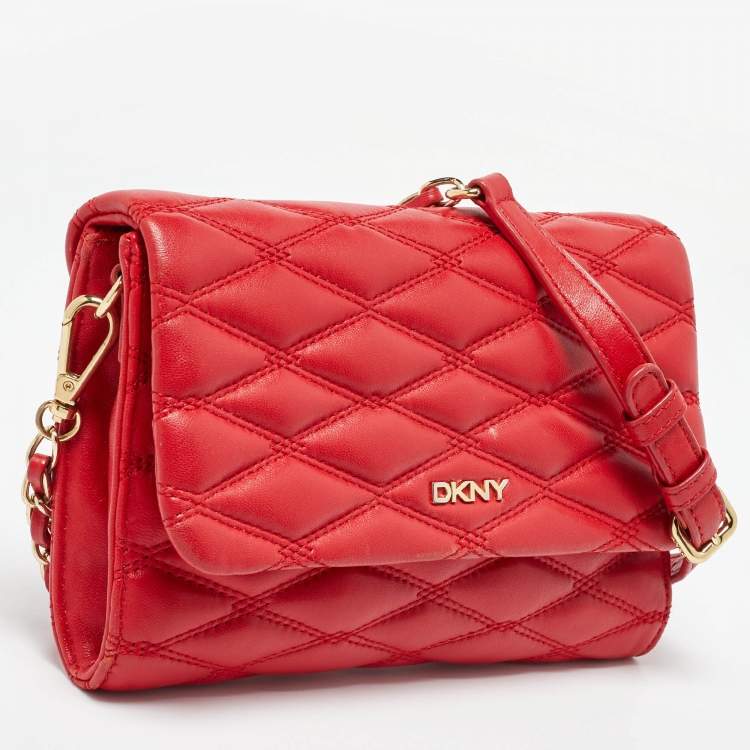 Pre Owned Dkny Red Quilted Leather Flap Chain Crossbody Bag
