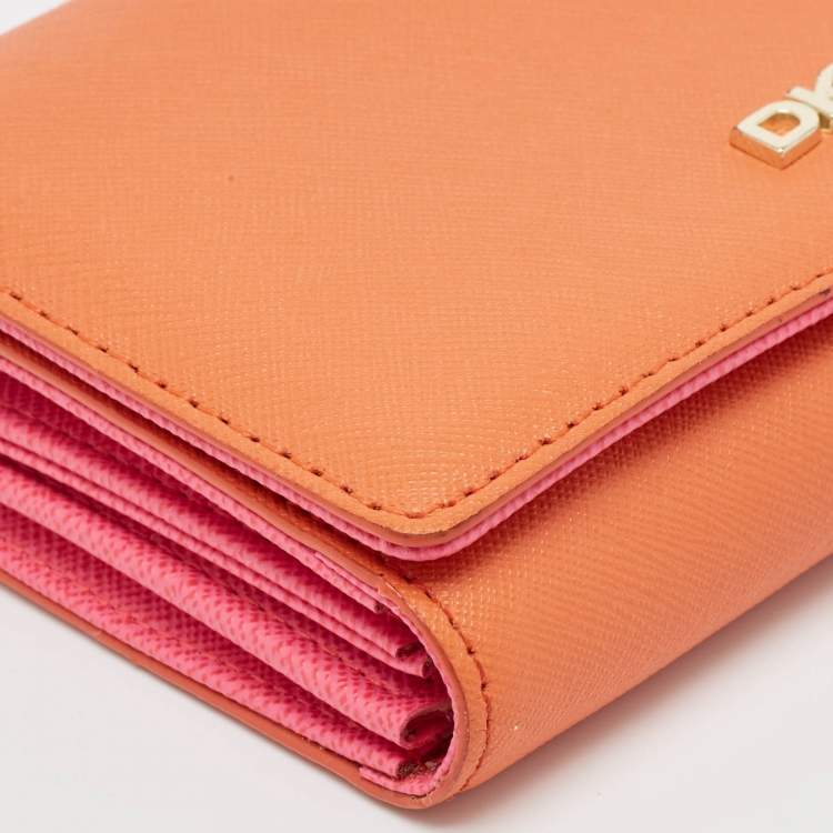 Pre Owned Dkny Orang/Pink Leather French Flap Wallet