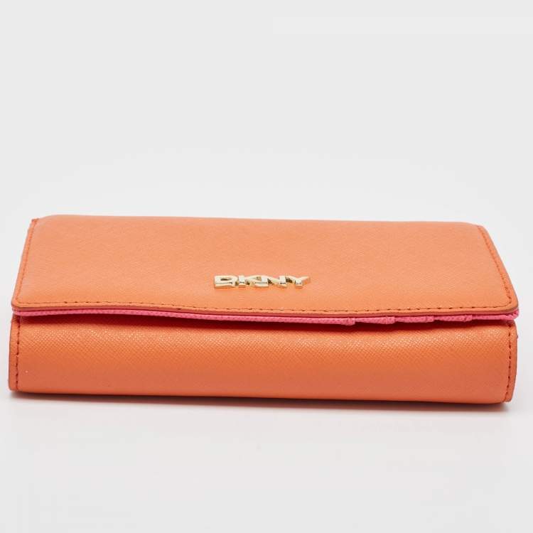 Pre Owned Dkny Orang/Pink Leather French Flap Wallet