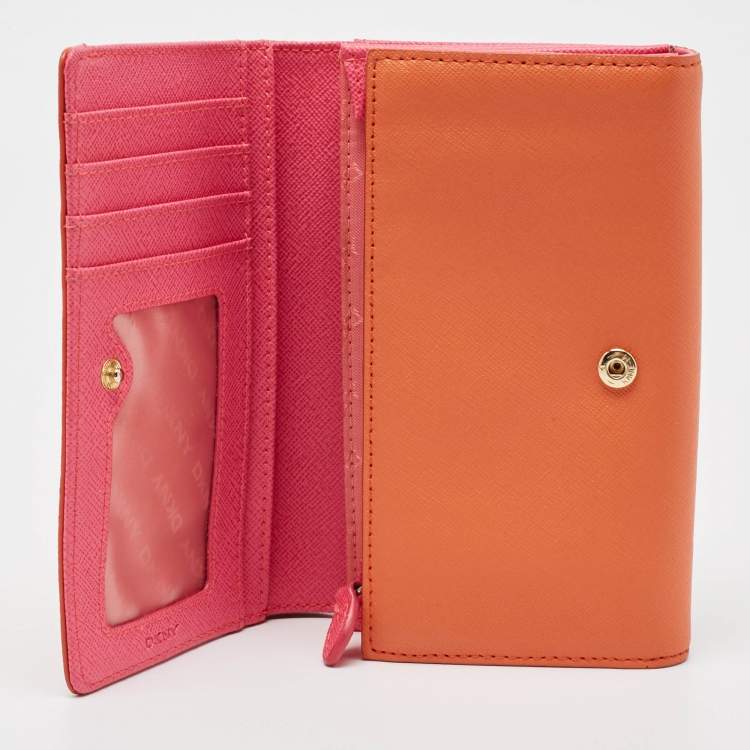 Pre Owned Dkny Orang/Pink Leather French Flap Wallet