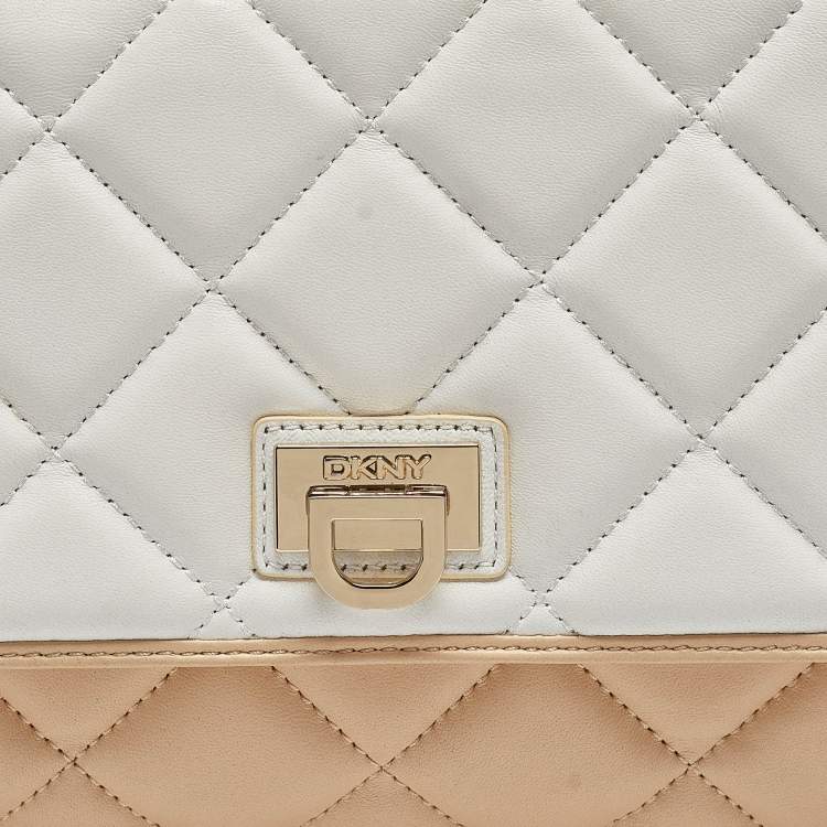 Pre Owned DKNY Beige/White Quilted Leather Flap Bag