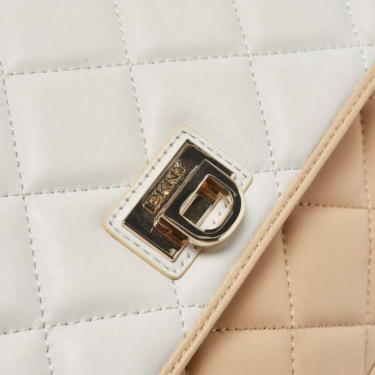 Pre Owned DKNY Beige/White Quilted Leather Flap Bag