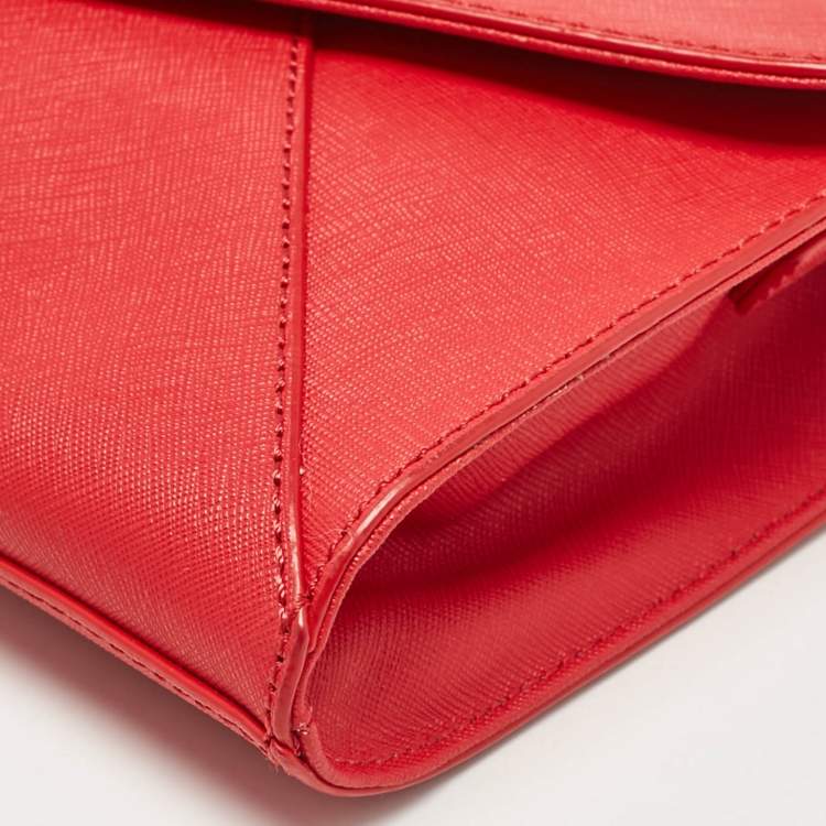 Pre Owned DKNY Red Leather Logo Flap Shoulder Bag