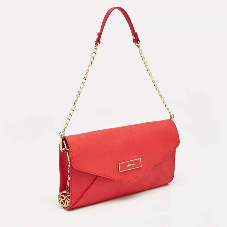 Pre Owned DKNY Red Leather Logo Flap Shoulder Bag