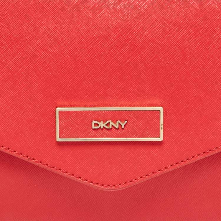 Pre Owned DKNY Red Leather Logo Flap Shoulder Bag
