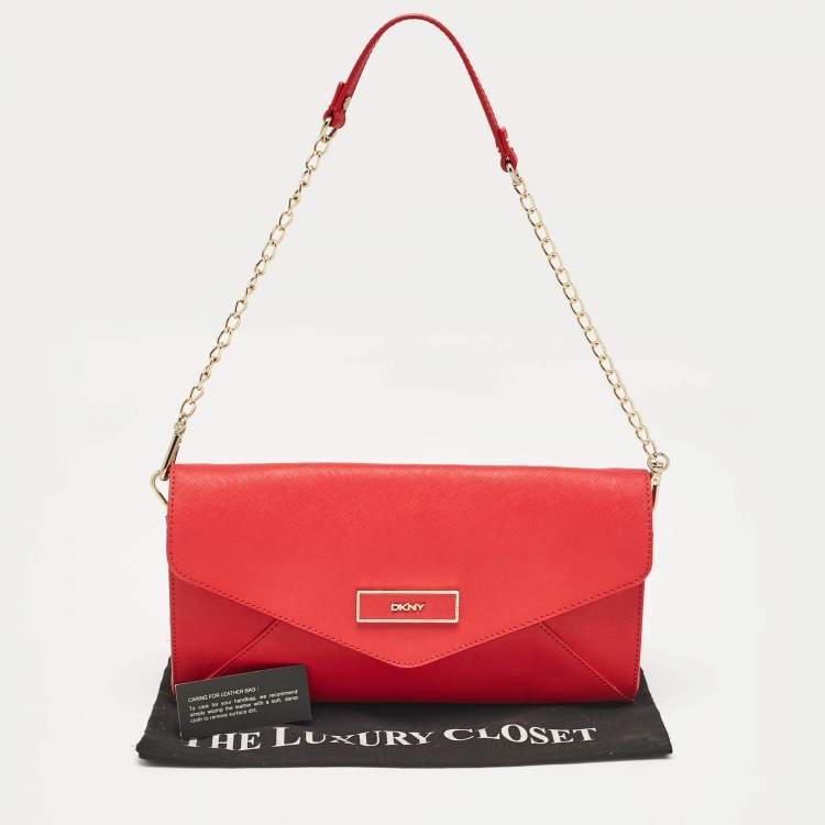 Pre Owned DKNY Red Leather Logo Flap Shoulder Bag
