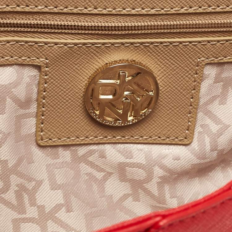 Pre Owned DKNY Red Leather Logo Flap Shoulder Bag
