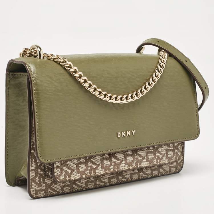 Pre Owned Dkny Green/Beige Monogram Coated Canvas and Leather Flap Chain Shoulder Bag