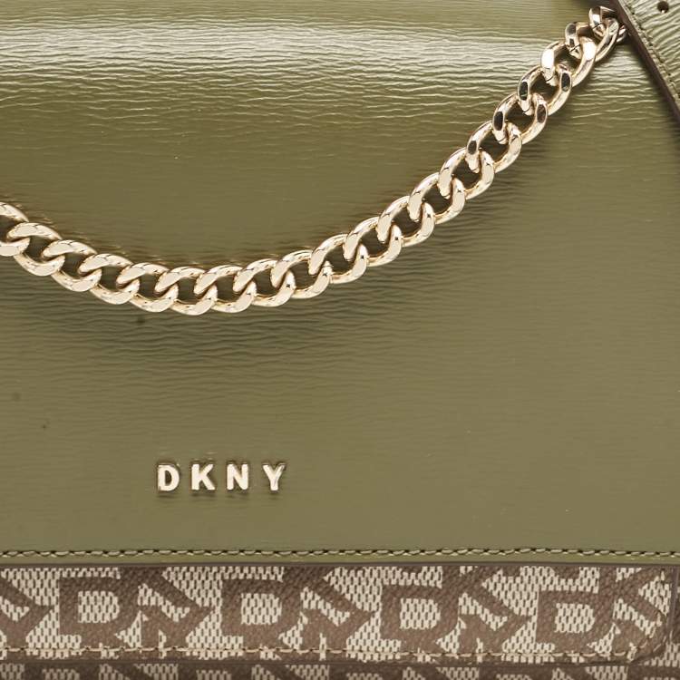 Pre Owned Dkny Green/Beige Monogram Coated Canvas and Leather Flap Chain Shoulder Bag
