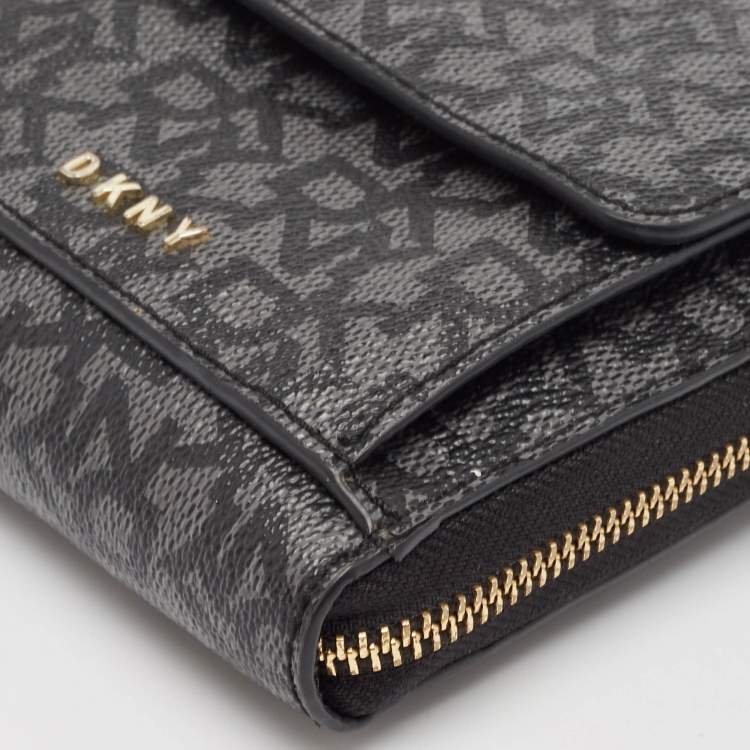 Pre Owned DKNY Black/Grey Signature Coated Canvas Mini Zip Around Olive Crossbody Bag