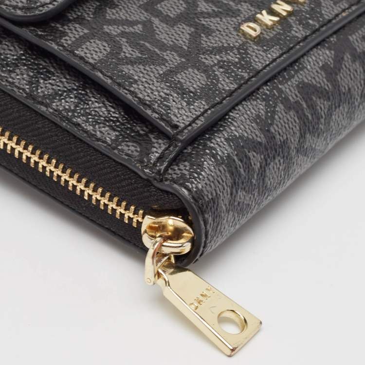 Pre Owned DKNY Black/Grey Signature Coated Canvas Mini Zip Around Olive Crossbody Bag