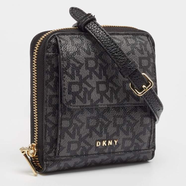 Pre Owned DKNY Black/Grey Signature Coated Canvas Mini Zip Around Olive Crossbody Bag