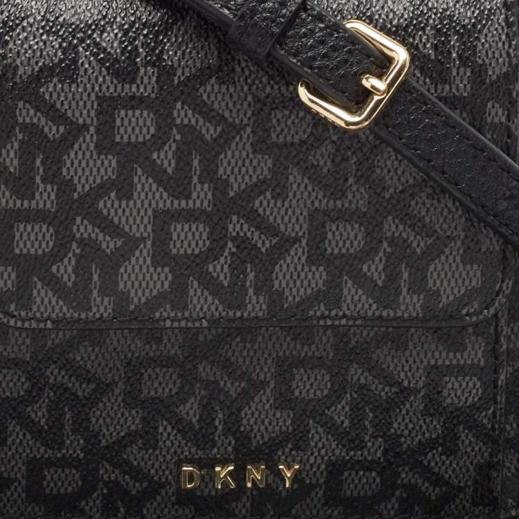 Pre Owned DKNY Black/Grey Signature Coated Canvas Mini Zip Around Olive Crossbody Bag