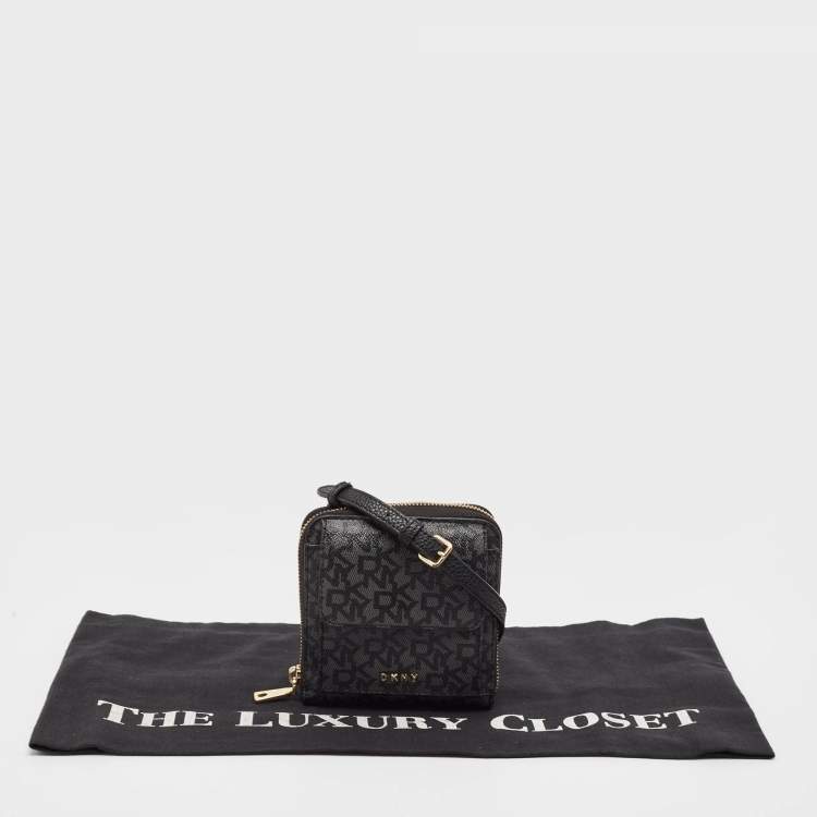 Pre Owned DKNY Black/Grey Signature Coated Canvas Mini Zip Around Olive Crossbody Bag